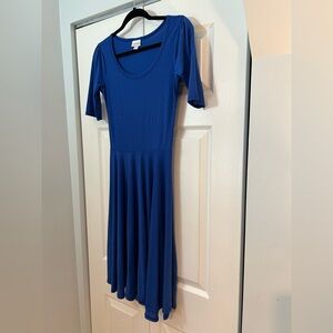 🔷🔷 LuLaRoe Nicole Dress XS Solid Blue Fit & Flare Circle Skirt Stretch